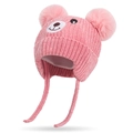 Pink knit baby bear hat with double pom-poms and ear flaps for winter warmth - One Size / Light Pink