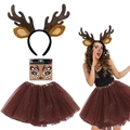 Cute brown plush reindeer antler headband with spotted ears and brown tutu skirt set - Large Antlers 1 3Pcs Set