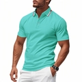 Detail of Tiffany blue men's polo shirt with red and white contrast stripes on collar - Lake Blue