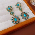 Detail of vintage gold earrings with green stones and pearls in a velvet jewelry box - Silver Earring Post - Gold - Blue