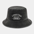 Close-up of white 1980 Limited Edition embroidery on charcoal grey washed denim bucket hat - 1980 Embroidery Style (Washed Black)