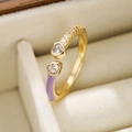 Anello aperto placcato oro con zirconi a cuore e smalto viola in scatola di velluto - Viola