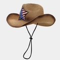Western style straw cowboy hat featuring American flag star design and adjustable chin strap - One Size / Dark Khaki