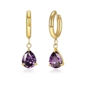 Titanium steel hoop earrings with pear-shaped purple zircon charms in gold finish - Gold Purple Zircon