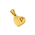 Detail of a golden heart pendant featuring a hollow letter P and a small clear crystal - Letter P