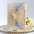 Elegant beige laser-cut wedding invitation kit with butterfly clasp and floral pattern - Jewel Star Beige