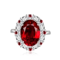 Elegant silver ring with oval ruby gemstone and halo of brilliant white zircons - Adjustable Open / Red Zirconia