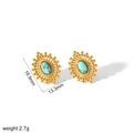 French retro gold earrings with green natural stone and beaded edge details - Gold Turquoise Stud Earrings (TE6856-BL-G)