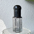 Hexagonal glass perfume bottle with silver laser coating pattern and black round cap - Black