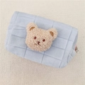Light blue quilted fleece pencil case with cute teddy bear embroidery and silver zipper - Blue (Milk Tea Bear)
