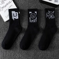 Three-pack black cotton crew socks with white graffiti smileys and Monster typography - 3 Pairs Specific Designs (10-11-17)