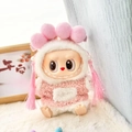 Pink plush outfit for Labubu doll featuring a fuzzy sweater and a matching pom-pom headband - A Single Pink And White Tank Top + A Pair Of Pink Hair Clips / First And Second Generation Keychains Are Compatible With La Cloth Dolls. Dolls Not Included.