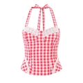 Close-up of red and white gingham halter top featuring delicate white lace trim and bow - S / Red White Plaid