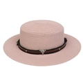 Pink flat top wide brim straw hat with brown leather band and silver bull head decor - Cow Skull Studded Belt Style (298E)