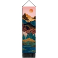 Abstract landscape wall tapestry with golden mountains, pink sun, and black tassels - 32.5x130cm / Style-2 (Modern Abstract Landscape)
