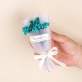 Close-up of mini handmade blue dried flowers bouquet with Eternal Love tag and ribbon bow - Style 09 Blue Crystal Grass Bouquet