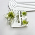 Three-piece plumeria hair claw clip set with green marble gradient effect on white card - Large And Small Claw Clips Combination / Snowflake Plumeria Green