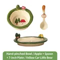 Handmade ceramic dinnerware set with miniature house and tree decor in forest green - Bowl/Tree & House + Spoon + 7 Inch Plate/Yellow Car Bear