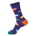 Dunkelviolette Socken zum Tag der Toten mit bunten geometrischen Mustern und Kontrasten - 1354-Dunkelviolett Geometrisch