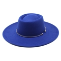 Close-up of royal blue wool felt fedora with elegant gold metal ring band decoration - M (56-58cm) / Blue