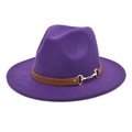 Detail of purple wool fedora featuring a brown leather band and gold horsebit buckle - Purple / M (56-58cm)