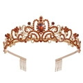 Elegant gold bridal tiara with amber crystals and drop-shaped gemstone on white backdrop - Gold Base Dark Red Rhinestone