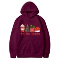 Burgundy Christmas hoodie with 'Tis The Season print and festive graphic icons - Burgundy