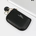 Minimalist black leather coin purse with zipper closure and gold keychain accessories - Black