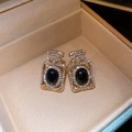 Macro detail of perfume bottle earrings with black agate and white crystal pave inlay - Perfume Bottle Shaped Diamond Stud Earrings with Black Agate (39# Silver Needle-Gold-Black)