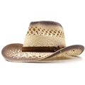 Detail of hand-woven straw cowboy hat with gradient edges and suede buckle band - Gradient Color Block / Beige Coffee
