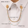 Golden stainless steel collar pin with orange natural stones and double beaded chains - Oval Orange Gemstone + Colorful Bead Chain (NMSC-R144-1) / 18K Gold