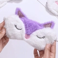 Close-up of soft purple and white plush sleep mask with cute embroidered fox face details - Purple Fox
