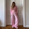 Pink velvet tracksuit set with cropped zip hoodie and wide-leg pants for women - S / Pink