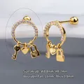Gold plated piercing earring with micro-pave zircons and heart, key and lock charms - 6# Padlock Heart (Gold) / Single/0.8mm Pin