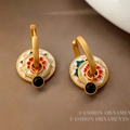 Ethnic style gold earrings with multi-color floral enamel and elegant black bead accents - T2407 Style / Black Bead Floral Drop