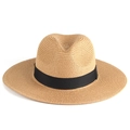 Classic wide brim straw Panama hat with black ribbon band for sun protection - M / Khaki