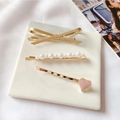 Golden hairpin set with pearl bar, metal bow, and pink heart charms for women - Style 7# (3-Piece Bow Heart Pearl Mix Set)