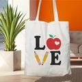White canvas tote bag with Teacher Life LOVE print featuring apple and pencil icons - STD67-A (LOVE Apple)