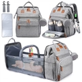 Detail view of large capacity diaper bag expanding into a portable baby travel bassinet - Foldable Crib Diaper Bag / Gray