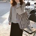 Classic black and white striped canvas tote bag in a minimalist Korean style shoulder design - Black Stripe
