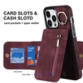 Burgundy leather phone case for iPhone 16 Pro featuring zipper wallet and card slots - Burgundy / Iphone12/pro 6.1