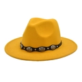 Detail of yellow wool fedora hat featuring black leather band with silver metal buckles - M(56-58cm) / Yellow