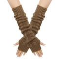 Brown cable knit arm warmers in long fingerless style for winter warmth and comfort - One Size / Khaki