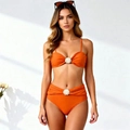 Orange bikini set with shell buckles, high waist bottoms and spaghetti strap top - Orange