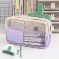 Purple large capacity triple layer clear pencil case with a magnetic green clip accessory - Purple Case + Green Magnetic Clip / Purple