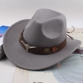 Western style grey felt cowboy hat featuring a brown leather band and metal bull head - Leather Strap Bull Head / Gray