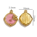 Golden oil painting pendant with pink flower enamel and dimensions of 23mm by 18mm - Oval Floral Pendant / Pink