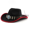 Classic black felt western cowboy hat with red stitching and turquoise bead decoration - M (56-58cm) / Black with Red Whipstitch