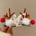 Christmas hair clips featuring brown antlers, white berries, and festive fur balls - 59# Christmas Antler Hair Clip White Faux Fur Flower