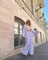 Chic three-piece set with long-sleeve cat print shirt and high-waist wide-leg pants - White
